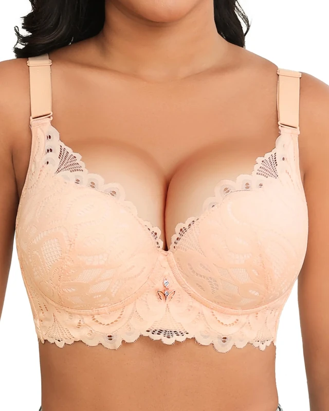 Svmer Push Up Lace Bra for Women Underwire Plus Size Comfortable Brassiere Beige 46DD