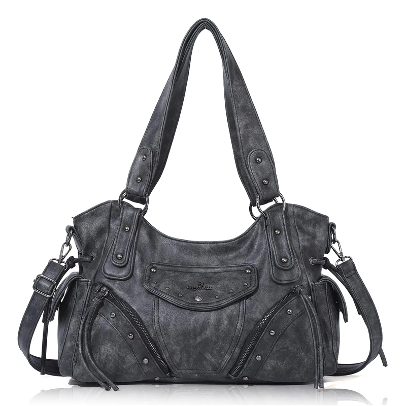Angel Kiss Hobo Bag for Women Retro Leather Purses and Handbags Roomy Soft Ladies Satchel Bags with Crossbody Strap, Black, M
