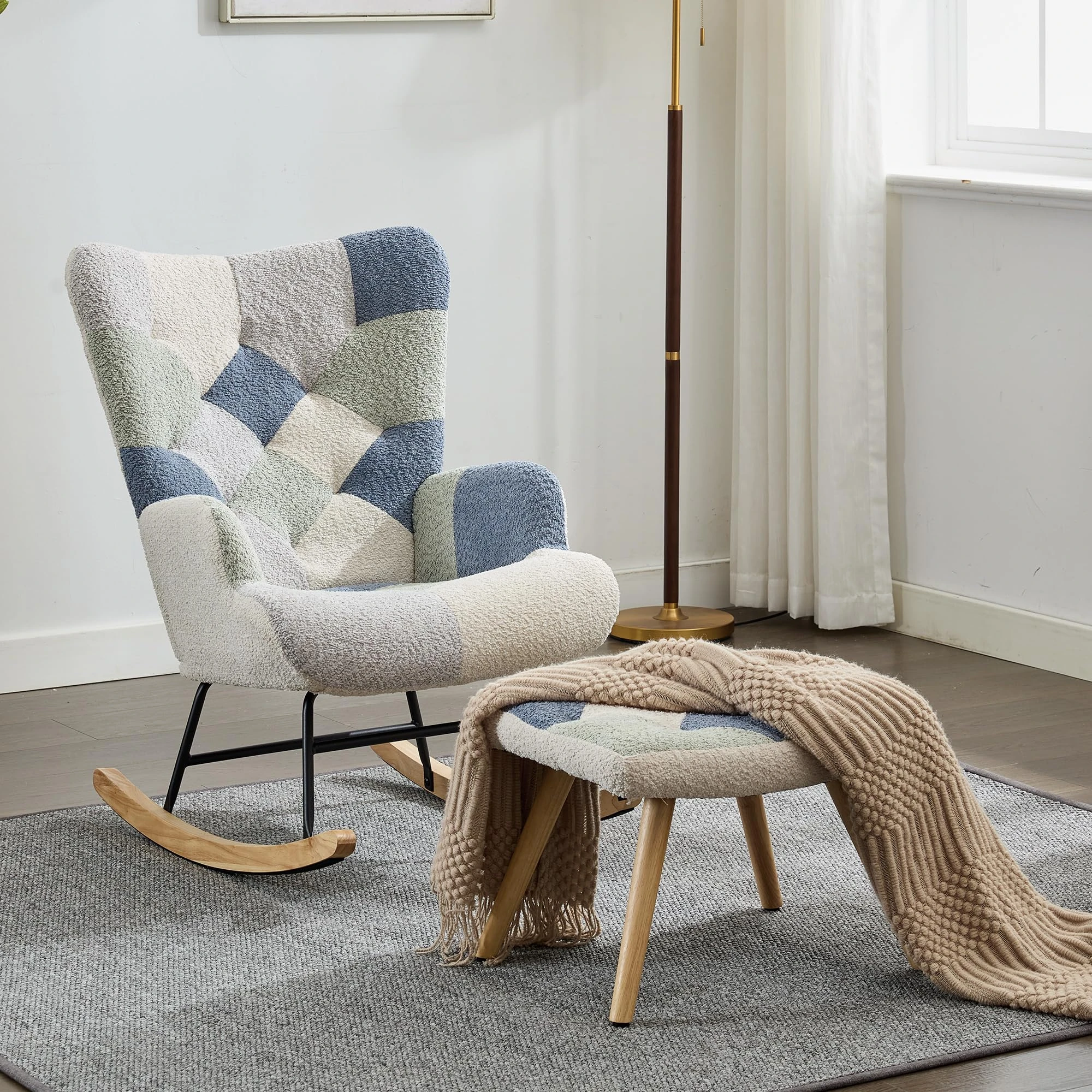 Rocking Chair for Adults with Footstool – Comfortable High Back Recliner Chair with Solid Wood Legs and Anti-Fall Protection – Removable Backrest and Adjustable Footstool, 250 lbs Weight Capacity