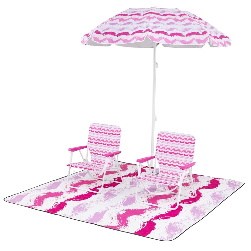 FANTASK 4 Piece Beach Set Including Beach Umbrella, 2 Folding Chairs with Back Pocket and Beach Blanket with Umbrella and Beach Blanket, Parasol with Carry Bag, 30° Reversible Pink