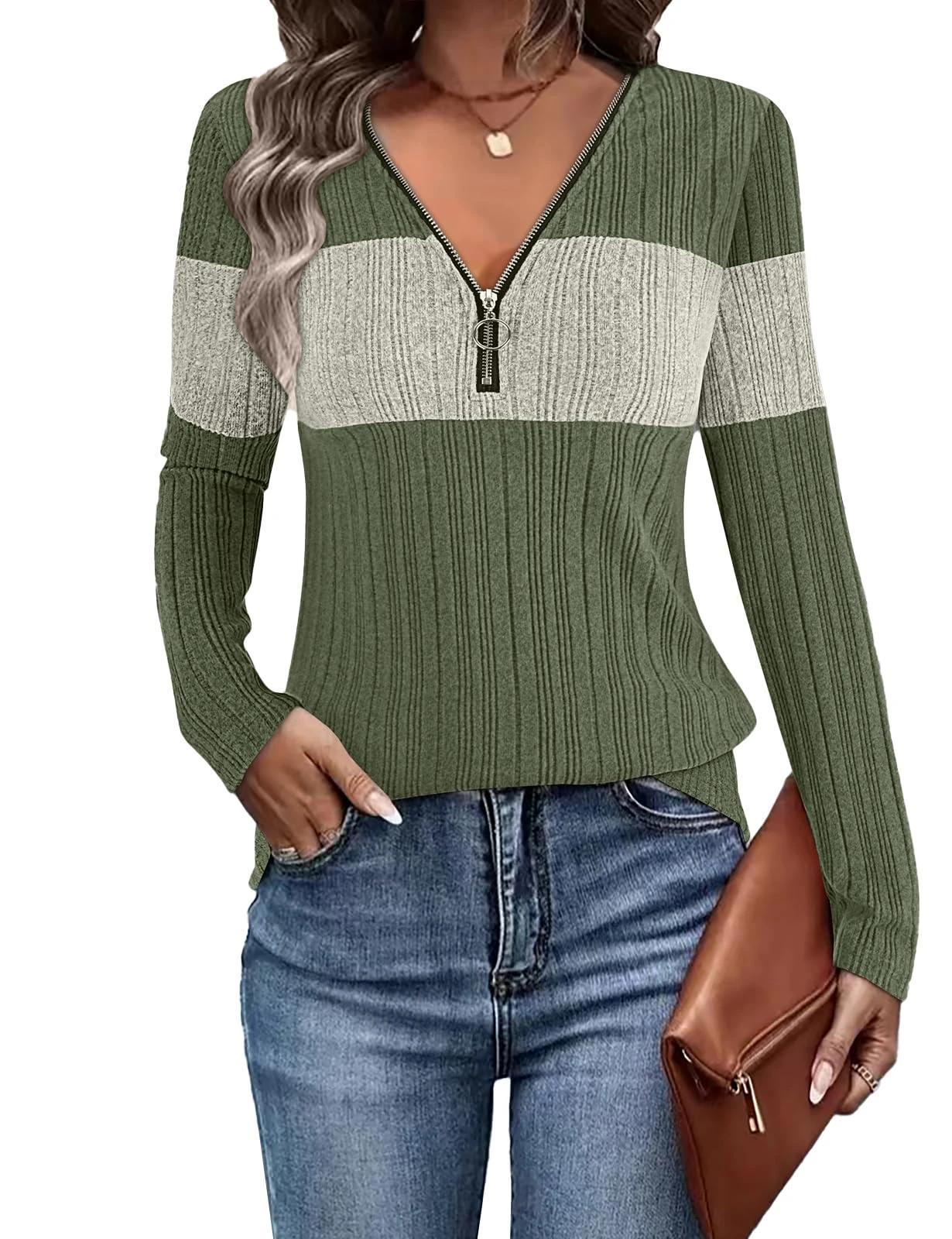 Gemulate Womens treendy Jumper Tops,Ladies Long Sleeve Tunic Casual Fall Clothes Sweater Sweatshirts Pullover for Woman Army Green and Grey L