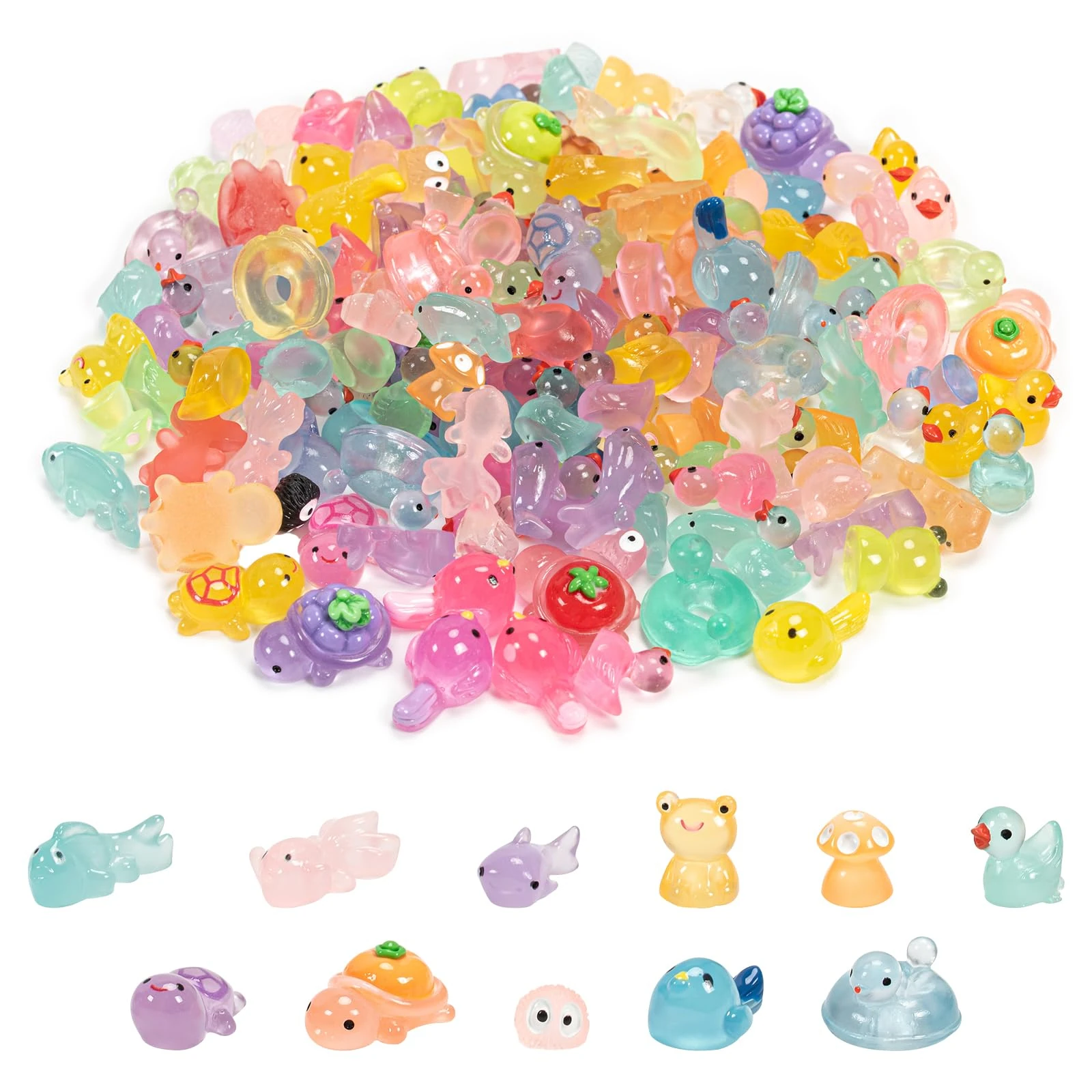 150 PCS Luminous Resin Animals Mixed, Glow in The Dark Mini Turtles Mini Ducks for DIY Garden Landscape Potted Plants Decorations, Glass Animals for Children