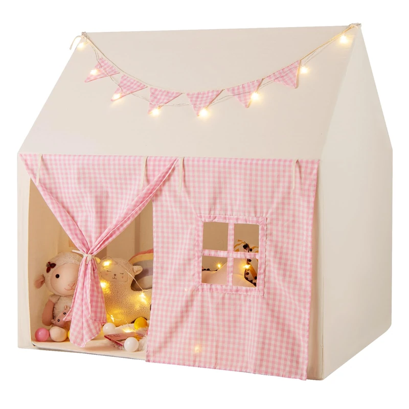 GYMAX Kids Tent, Large Play Tent with Padded Mat, Star Lights, Flags, Windows & Storage Pockets, Outdoor Indoor Children Playhouse Gift for 3-8 Years Old Boys Girls (Pink+Beige)