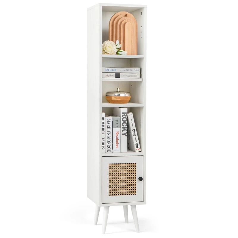FANTASK Bathroom Cabinet with 4 Shelves Rattan Toilet Cabinet Boho with Wooden Legs and Rattan Door Narrow 29.5 x 29.5 x 137 cm White - Image 1