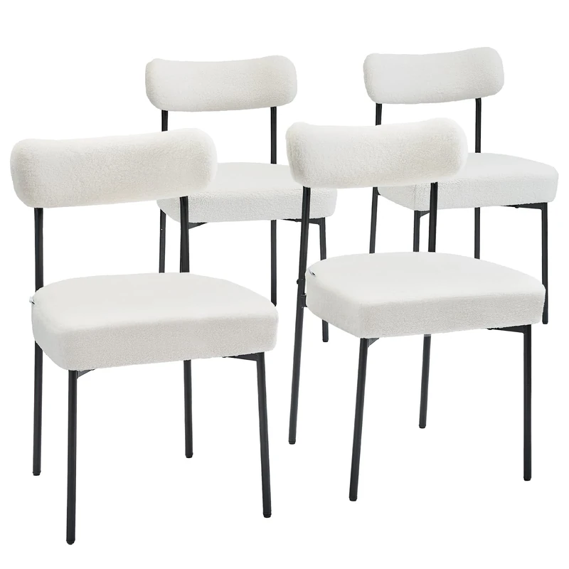 VEVOR Boucle Dining Chairs Set of 4, Mid Century Modern Sherpa Accent Chairs, Upholstered Side Chair for Dining Table, Space-Saving White Kitchen Table Chair with Curved Backrest and Black Metal Legs