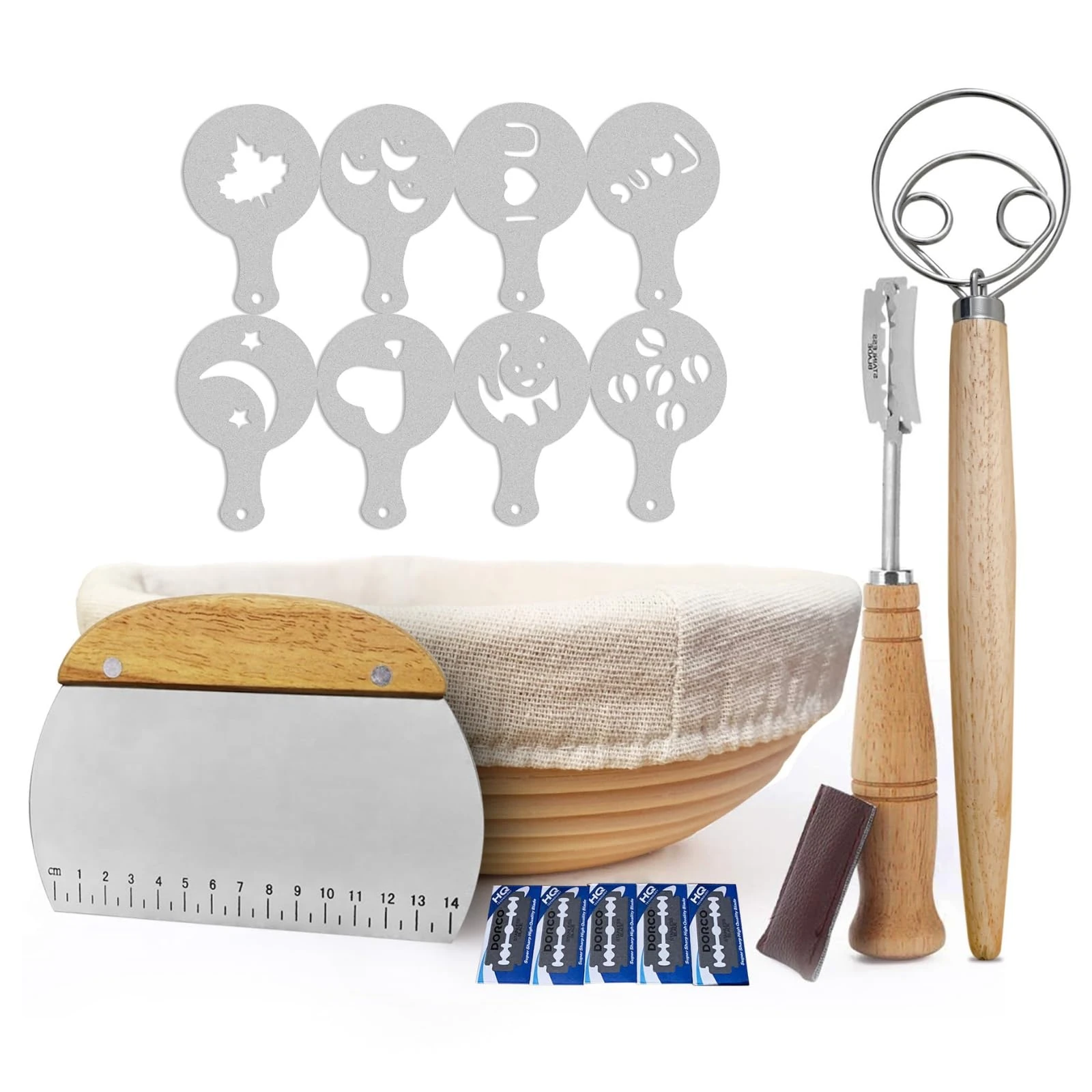 Sourdough Starter Kit - Natural Banneton Proofing Basket with Linen 10 Inch with Dough Scraper, Lame, 2 Circle Whisk and 8 Pc. Stencil Set - Bread Making Accessories Tools, Sour Dough Proving Basket