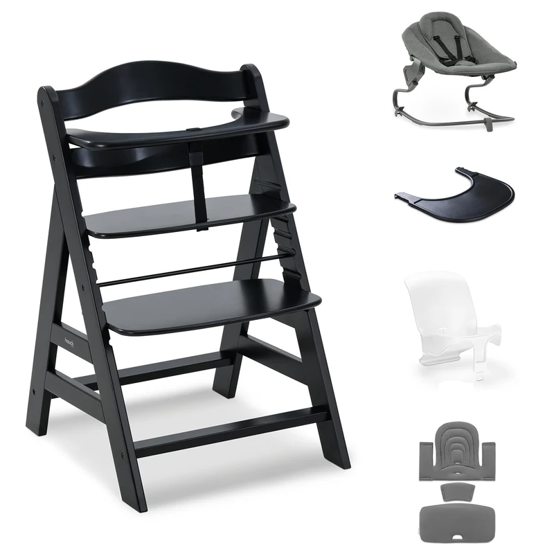 hauck Alpha+ Premium Bundle, Beech Black - Wooden High Chair from Birth to 99 Years - Grow Along Highchair with Reclining Newborn Bouncer, Baby Seat Reducer, Seat Pad and Click On Tray