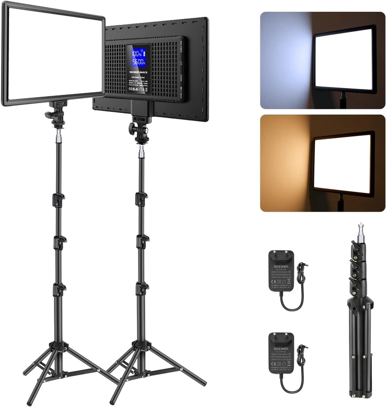 NEEWER BASICS 13 Inch LED Video Light Panel, Studio Lighting Kit of 2 with Stands, Two-Tone Key Light for Photography Streaming Podcast Recording, 2400Lux 3200-5600K CRI97+ 8000mAh, NL-192B