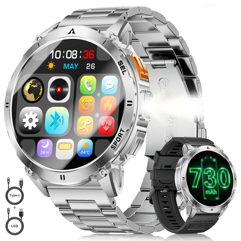 Smart Watch for Men 730mAh with Bluetooth Call, 1.62" AMOLED LED Flashlight Smartwatch, 110+ Sports Mode Fitness Tracker, SpO2/Blood Pressure/Heart Rate/Sleep Monitor for Android iOS Silver