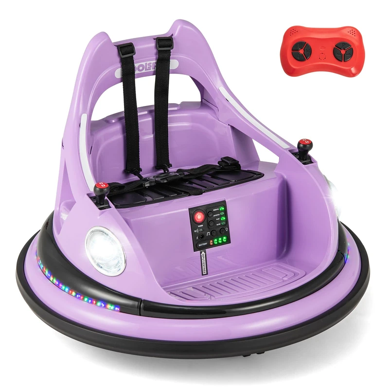 GYMAX Kids Ride On Bumper Car, 12V Battery Powered Toy Car with Remote Control, Joysticks, 5 Light Effects, Music & Wireless Connection, 360° Spin Electric Waltzer Vehicle for 3+ Years Old (Purple)