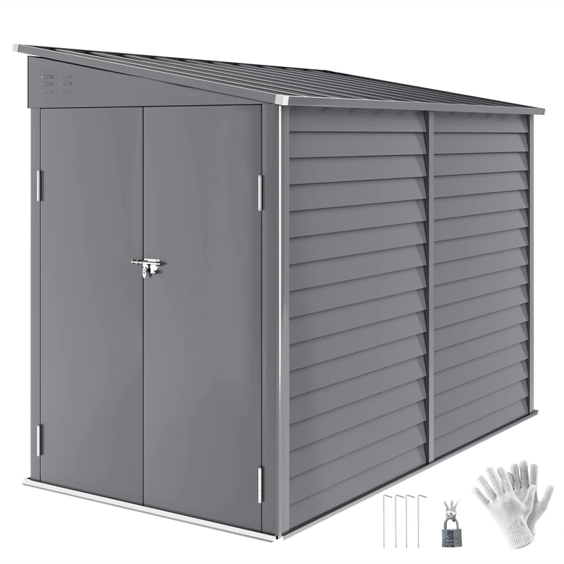 Outsunny 5 x 9ft Galvanised Metal Garden Shed with Foundation Kit, Outdoor Lean-to Shed, Tool Storage House with Lockable Doors, Gloves and 2 Air Vents for Patio, Garden, Grey