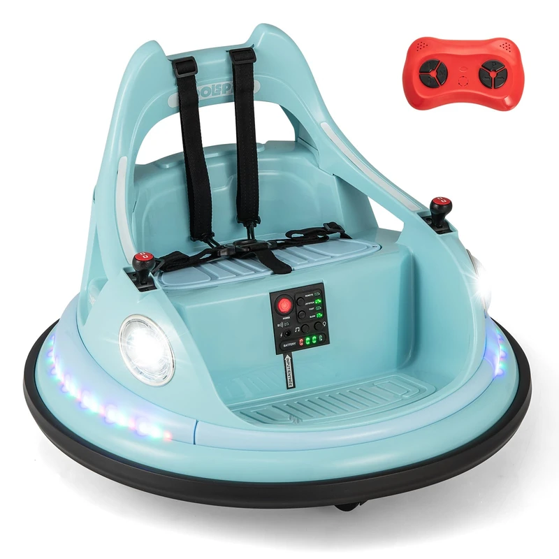 GYMAX Kids Ride On Bumper Car, 12V Battery Powered Toy Car with Remote Control, Joysticks, 5 Light Effects, Music & Wireless Connection, 360° Spin Electric Waltzer Vehicle for 3+ Years Old (Blue)