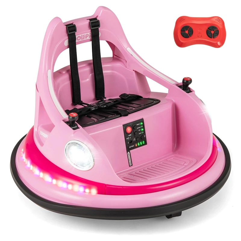 GYMAX Kids Ride On Bumper Car, 12V Battery Powered Toy Car with Remote Control, Joysticks, 5 Light Effects, Music & Wireless Connection, 360° Spin Electric Waltzer Vehicle for 3+ Years Old (Pink)