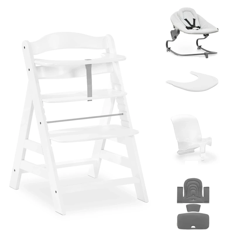 hauck Alpha+ Premium Bundle, Beech White - Wooden High Chair from Birth to 99 Years - Grow Along Highchair with Reclining Newborn Bouncer, Baby Seat Reducer, Seat Pad and Click On Tray
