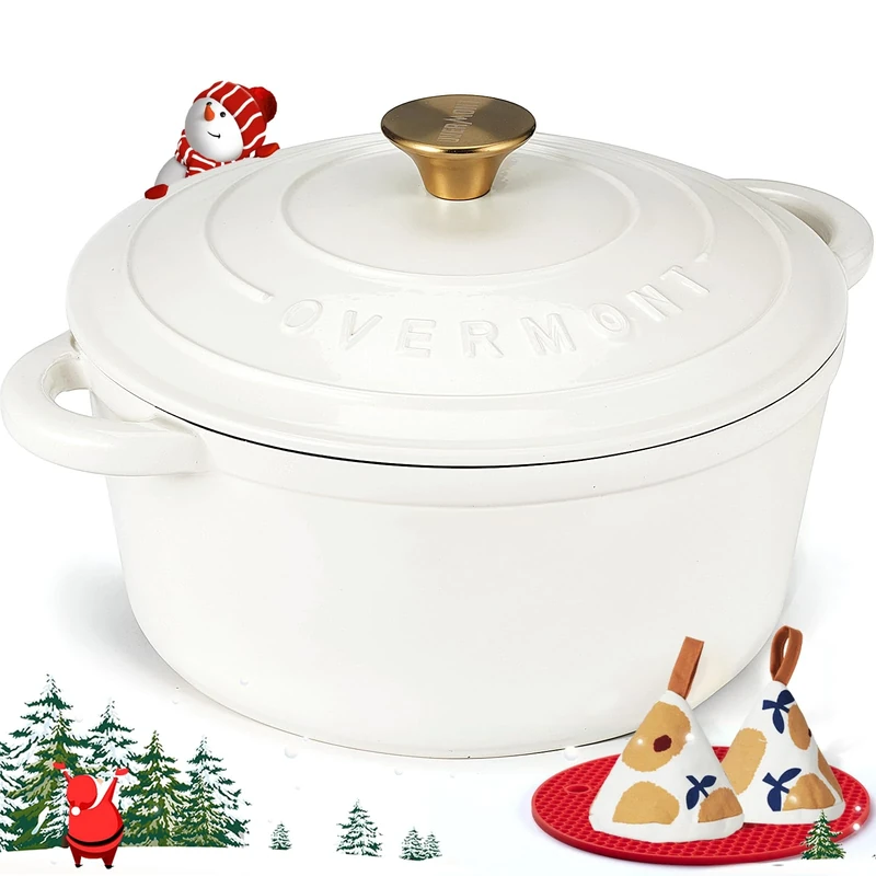 Overmont 26cm/5.2L Enamelled Cast Iron Round Casserole Dish With Lid,5.5QT, Cookbook -Non-stick Dutch Oven for Braising, Stews, Roasting, Bread Baking - Pearl White