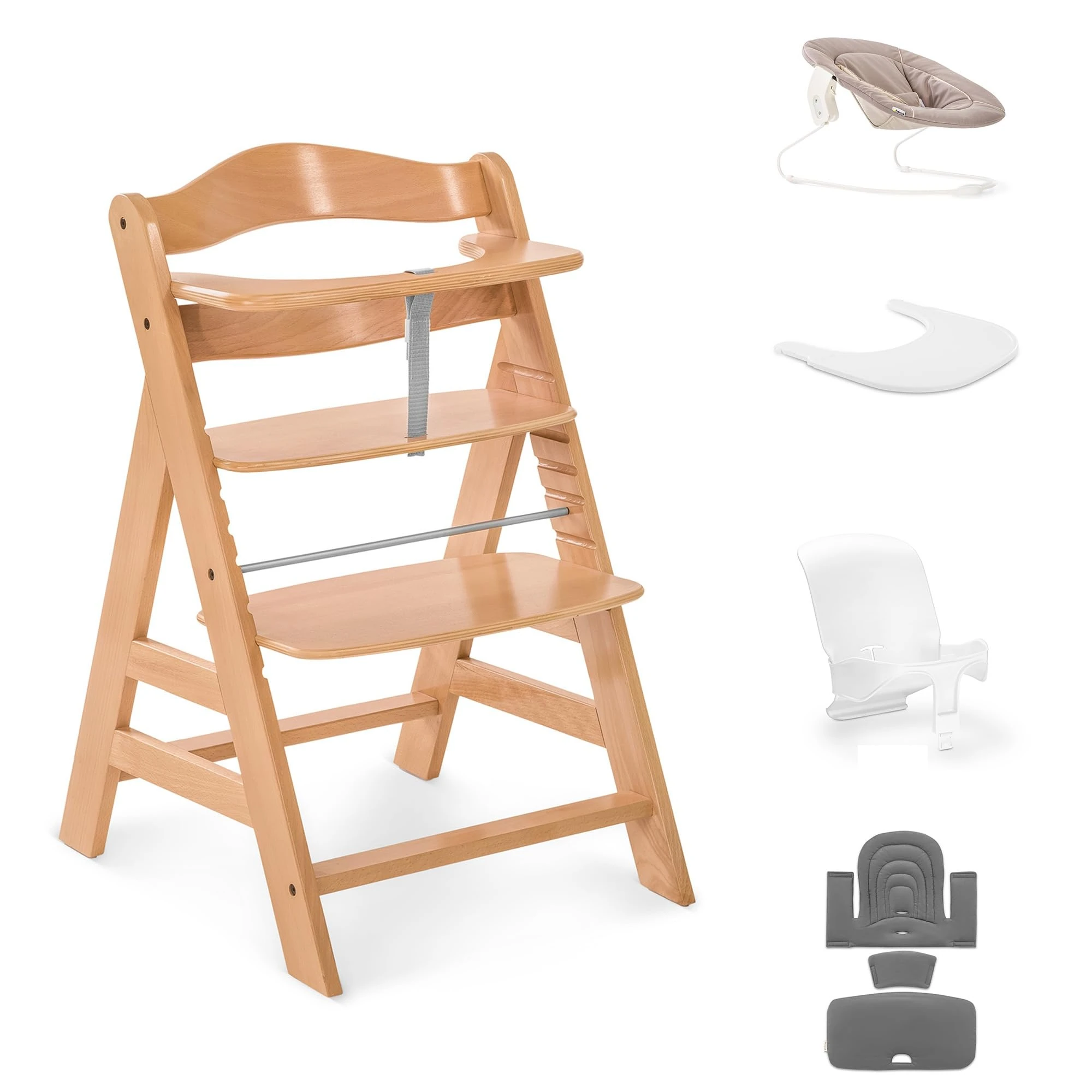 hauck Alpha+ Economy Bundle, Beech Natural - Wooden High Chair from Birth to 99 Years - Grow Along Highchair with Newborn Bouncer, Baby Seat Reducer, Seat Pad and Click On Tray