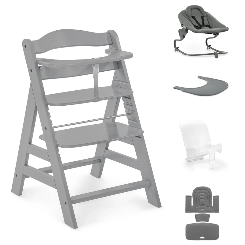 hauck Alpha+ Premium Bundle, Beech Grey - Wooden High Chair from Birth to 99 Years - Grow Along Highchair with Reclining Newborn Bouncer, Baby Seat Reducer, Seat Pad and Click On Tray