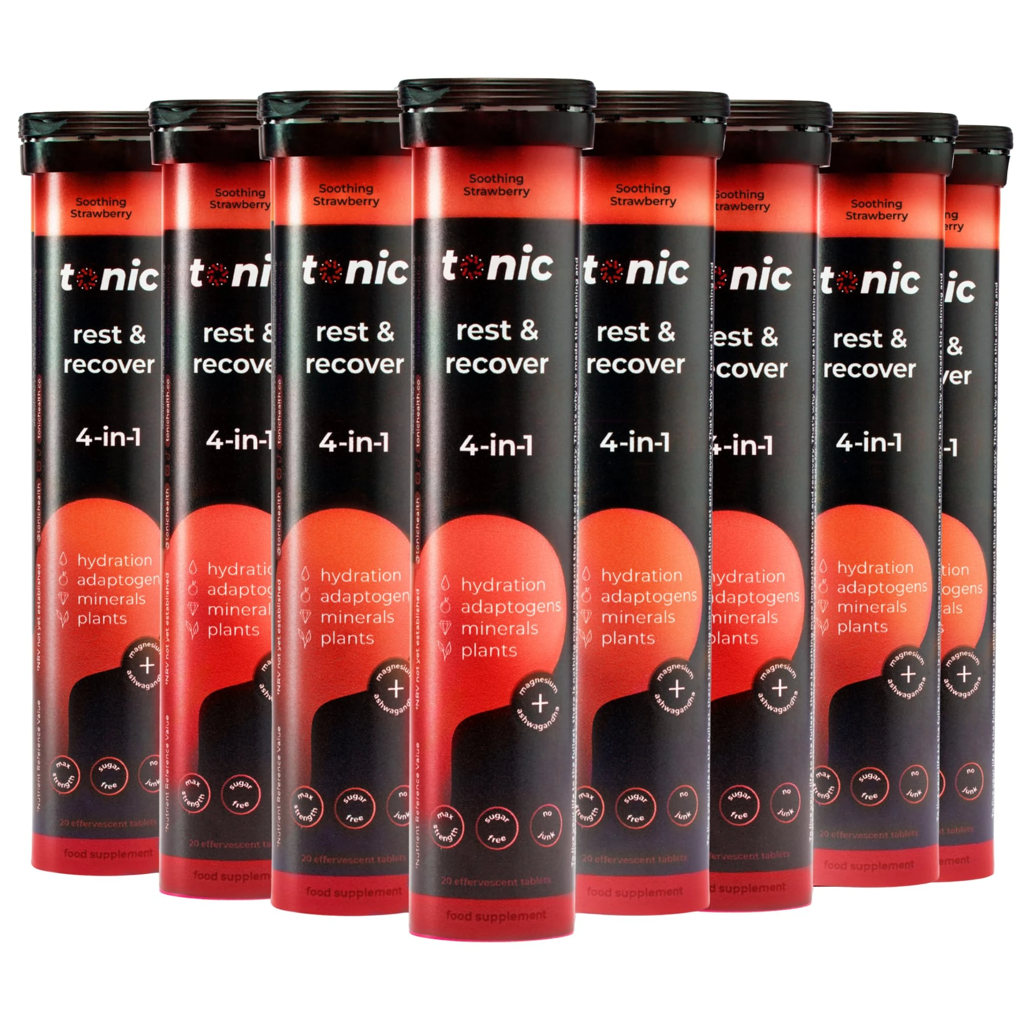 Tonic Health Rest and Recovery Effervescent Tablets - 300mg Elemental Magnesium, Ashwagandha, Lemon Balm - No Sugar, Magnesium Glycinate - Relax and Recharge, Strawberry 160 Count