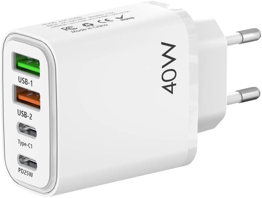 EU travel adapter charger, fast charging 2 USB C and 2 USB A European plugs, European wall adapter with 2 USBA port and 2 Type C ports, Compatible with fast charging of iPhone/Samsung and others