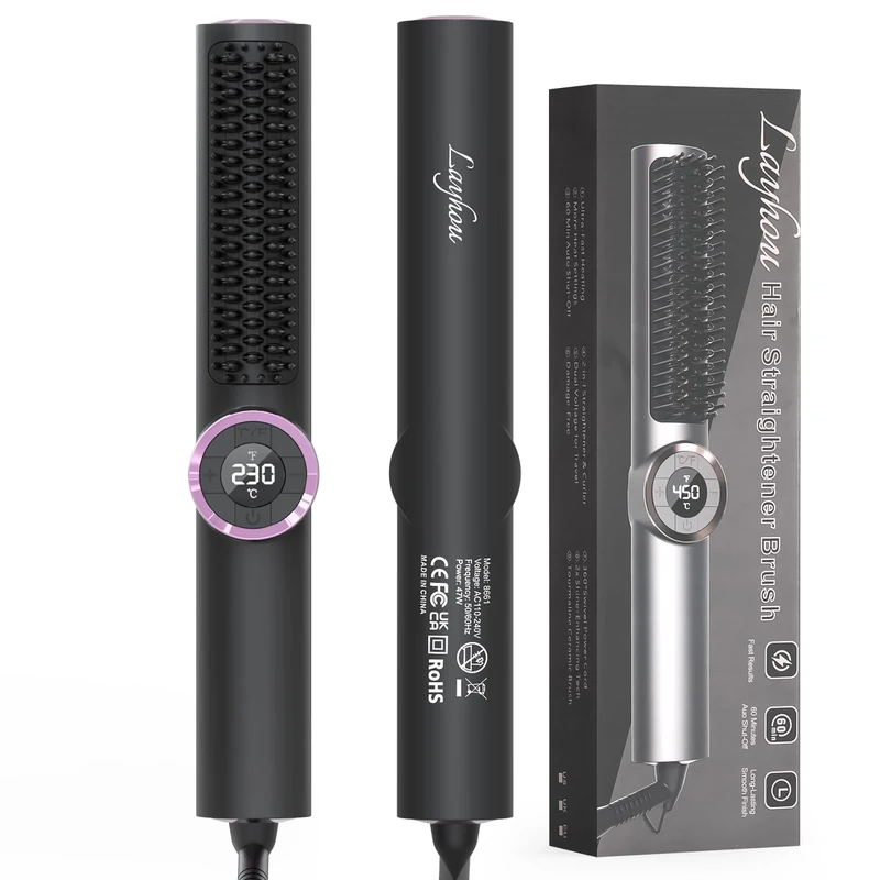 Ionic Hair Straightener Brush - 30s Fast Ceramic Heating, 15 Heat Settings, Anti - Scald Straightening Comb, Professional Hair Styling Tools for Women, Dual Voltage