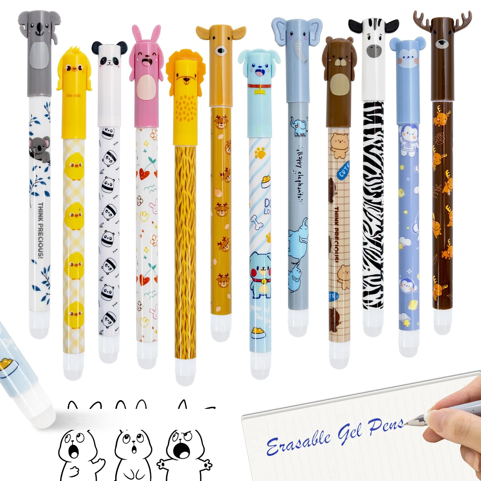 Kebuye Erasable Pens Fine Point 0.5mm-Rub out Pen Set for School Writing 12 Coloured Ink Pens (6 Blue & 6 Black) with Rubber Eraser -Cute Animal Design Stationery Supplies for Kids Girls Boys Adults