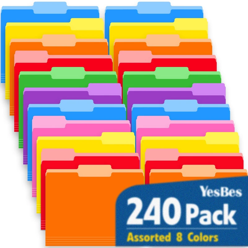 240 Pack Colored File Folders, 1/3 Cut Tab File Folders Letter Size, Assorted 8 Colors Filing Folder for Office School Business