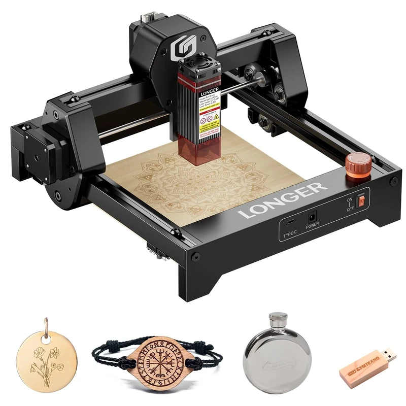 LONGER Ray5 mini Laser Engraver – 2.5W High-Speed CNC Machine, 12000mm/min Cutting Speed, 140×130mm Work Area, Compatible with Wood, Metal, Acrylic & Leather, WiFi Connectivity, Emergency Stop
