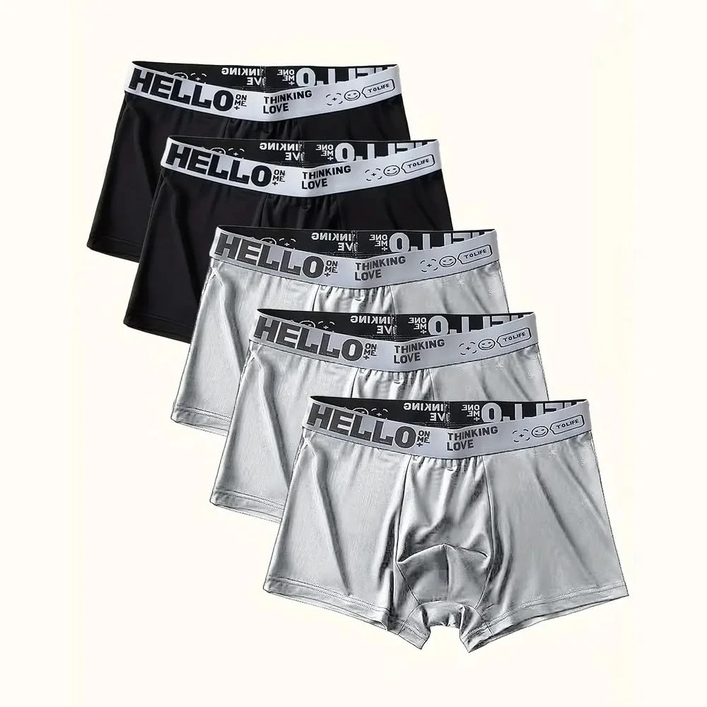 5 Pairs Men's Breathable Ice Boxer Briefs – Comfortable Mid-Waist Underwear with Elastic Waistband – Quick-Drying Fabric, Black/Black/Light Grey/Light Grey/Light Grey, M