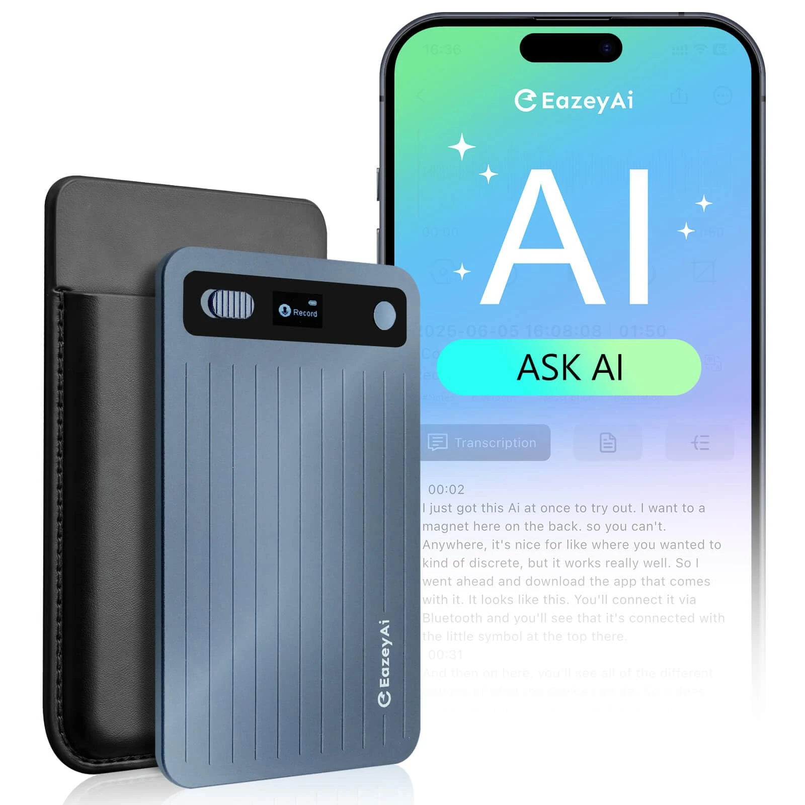 E EAZEYAI AI Voice Recorder, Transcribe & Summarize with AI Technology, Note Voice Recorder with App Control, Support 140 Languages, 64GB Memory, Audio Recorder for Lectures, Meetings, Calls(Blue)