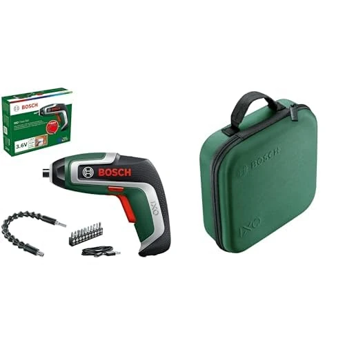 Bosch Compact Cordless Screwdriver IXO Flexi Set (7th Generation; 3.6V; 2.0Ah; with Flexible Extention and Micro USB Cable; Bends Up to 180°; 10x Bits) + Bosch Storage Case for Tools