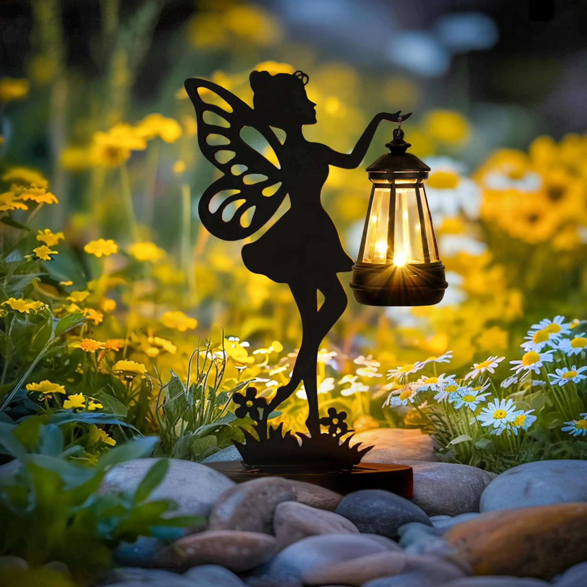 GIGALUMI Iron Fairy Statue Garden Ornaments Outdoor with Solar Powered Lights, for Mom, Gifts for Women, Waterproof Garden Statue Decorations for Patio, Yard(1 Pack)