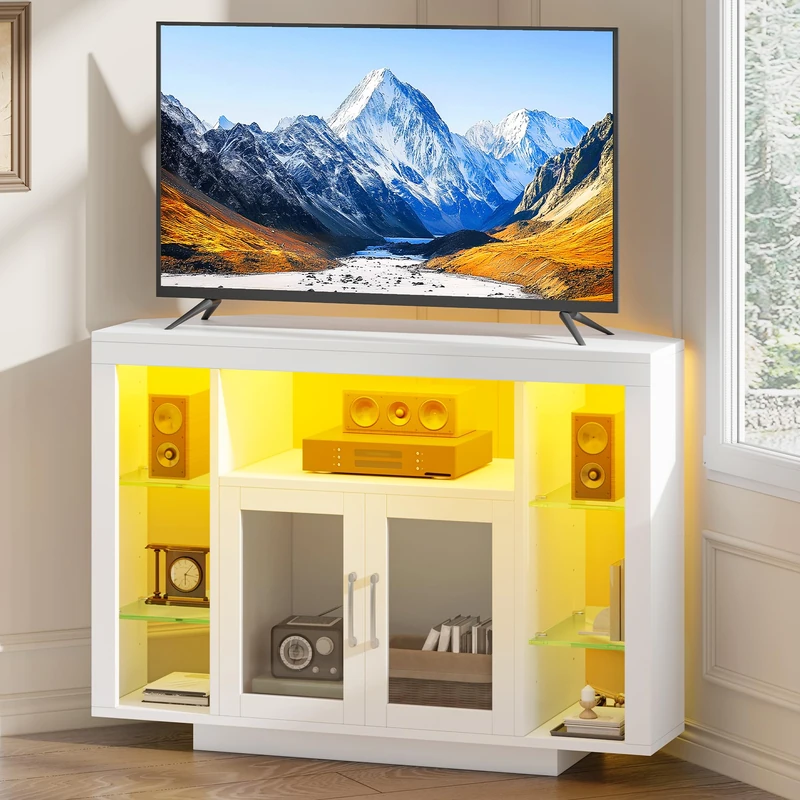 YITAHOME 100CM Corner TV Stand Cabinet with RGB LED Lighting, Corner TV Unit for up to 55 Inch TV with 7 Open Gaming Entertainment Center Shelves for Living Room, Bedroom