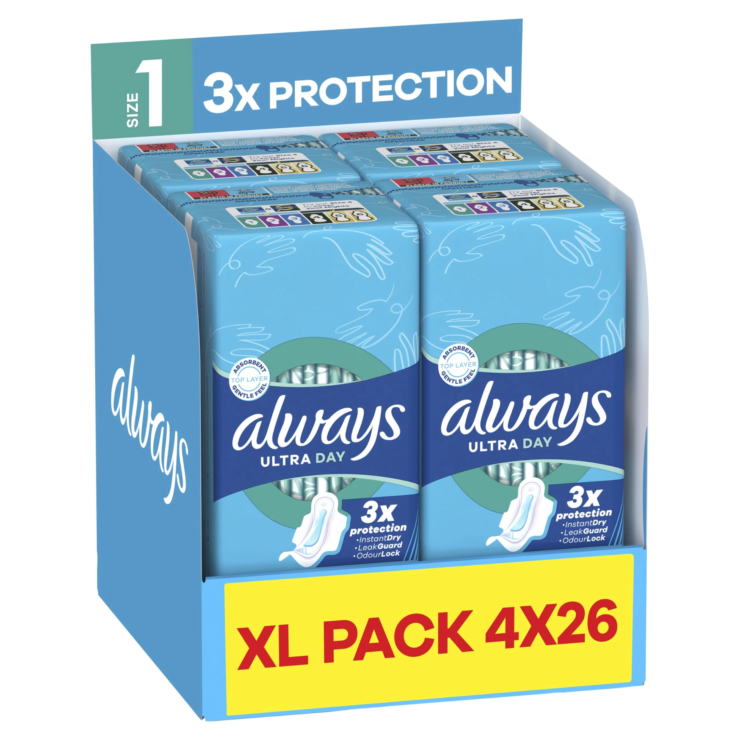 Always Ultra Sanitary Towels, Size 1 Normal, Extra Large Pack, 104 Count, Super Absorbent, Ultra Thin Pads with Wings for Light/Moderate Flow