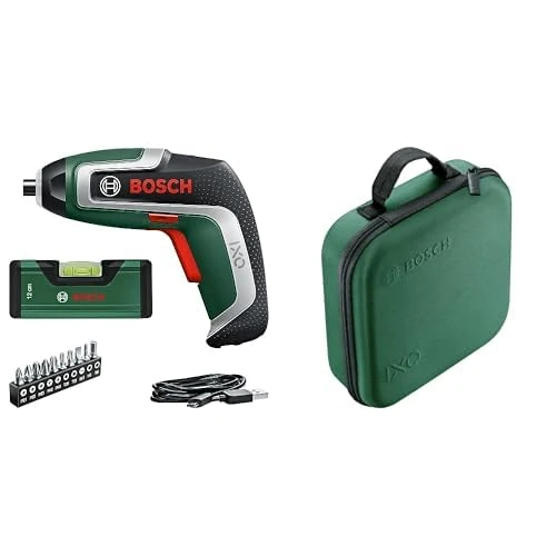 Bosch Cordless Screwdriver IXO Spirit Level Set (7th Generation; 3.6V; 2.0Ah; 5.5Nm; Set Including Mini Spirit Level with Micro USB Cable) + Bosch Storage Case for Tools