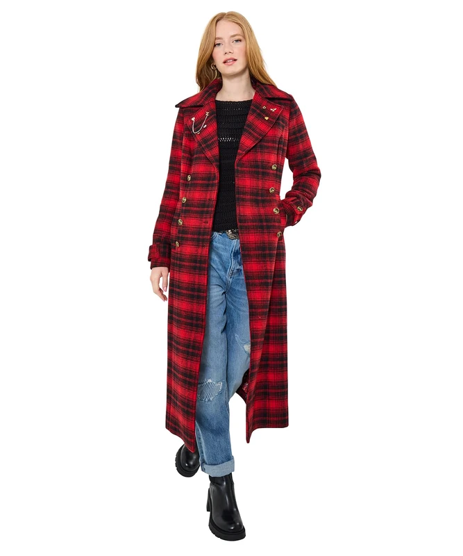 Joe Browns Female Classic Red Check Maxi Coat, Petite, Red, UK 16P