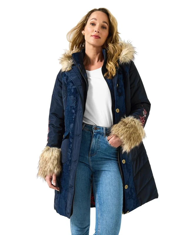 Joe Browns Female Navy Parka with Jacquard Panels & Faux Fur, Regular, Blue, UK 18