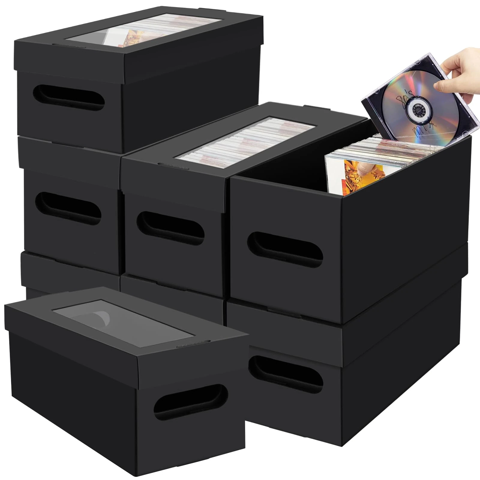 AOBOPLE CD Storage Boxes,8 Pack CD Case Storage,Cardboard CD Case Holder with Lid,Holds 30 CDs in Full Jewel Cases, 60 CDs in Slim Cases, and 165 Discs in CD Sleeves