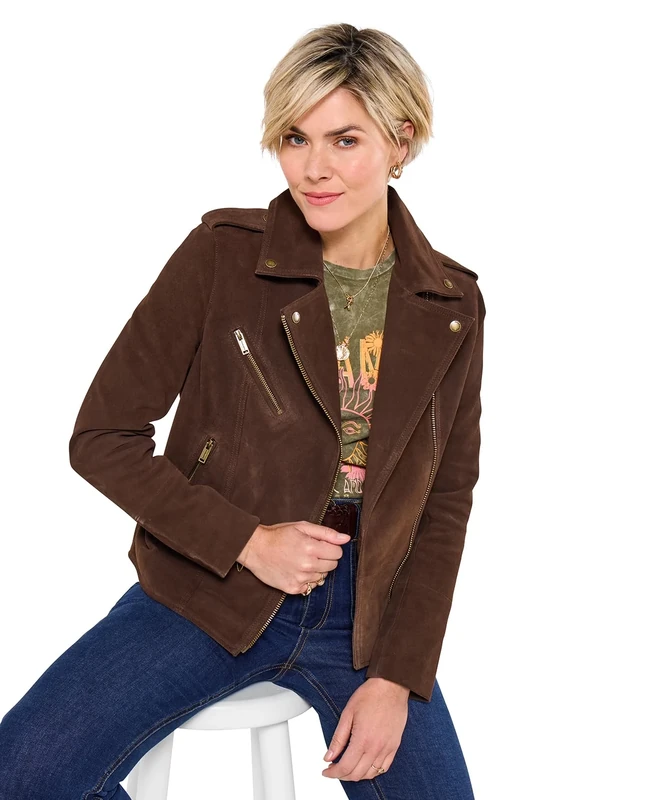 Joe Browns Womens Soft Suede Collared Biker Jacket, Brown, 12 UK