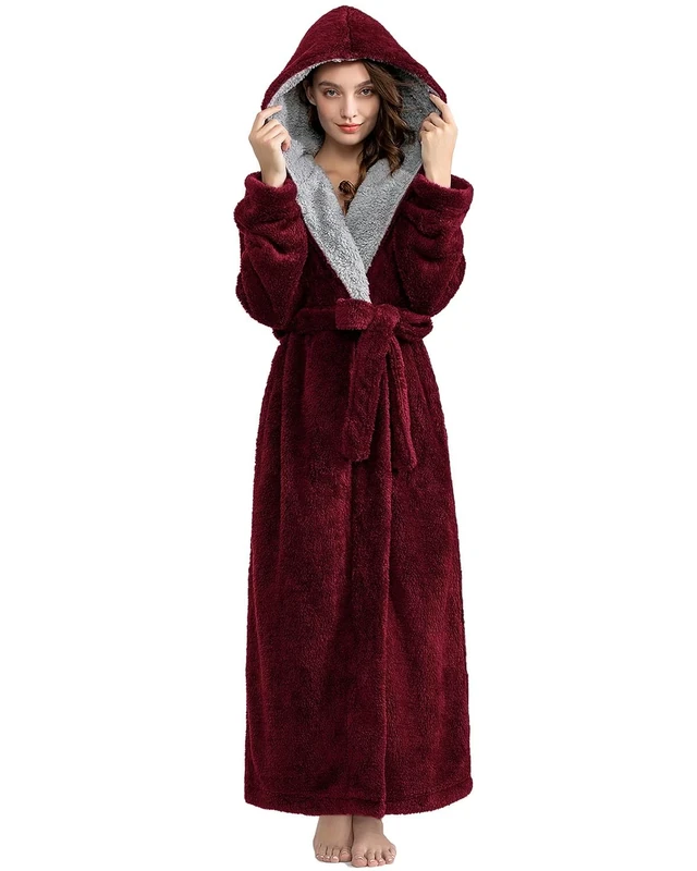 ZFSOCK Dressing Gown Womens with Hood: Long Fluffy Ladies Dressing Gown Oversized with Belt & Pockets - Thick Soft Bathrobe Hooded Plush Luxury Loungewear Gift for Wife Mum or Maternity, Red 2XL