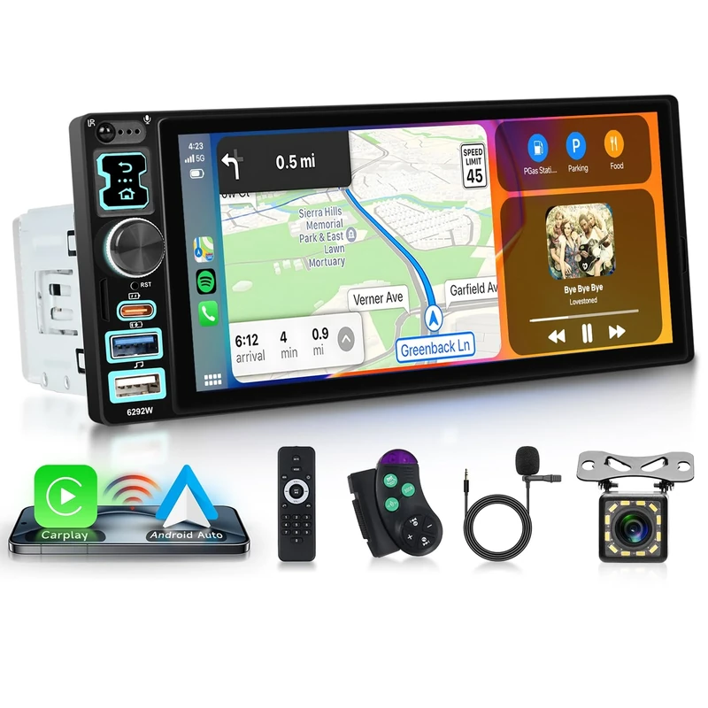 Single Din Carplay Car Stereo with Wireless Android Auto, Hodozzy 6.8 inch Touchscreen Single Din Radio Support Bluetooth 5.2 FM Radio Type-C USB Fast Charge Mirrorlink EQ SWC Backup Camera