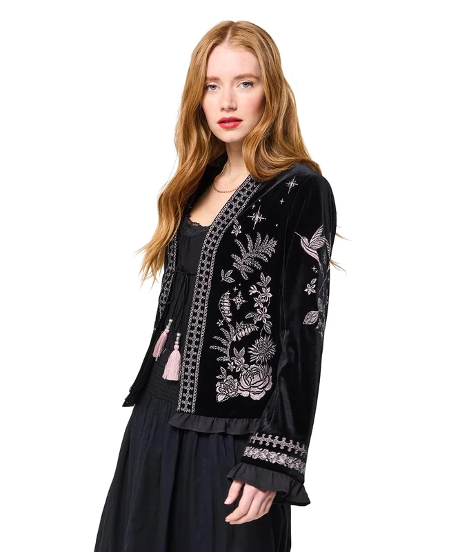 Joe Browns Women's Wide Sleeve Boho Embroidered Jacket, Black, 18