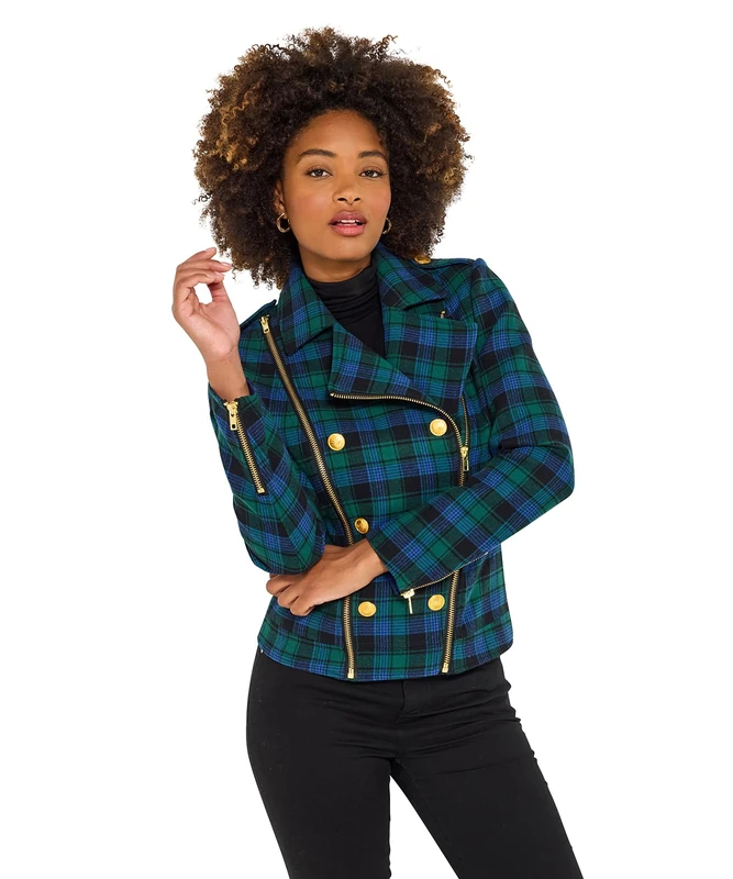 Joe Browns Female Vintage-Inspired Check Biker Jacket, Regular, Green, UK 12