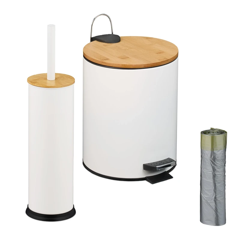 Relaxdays Bathroom Set, Waste Bin & Toilet Brush, 5 L Cosmetic Bin, Bin Liners, Holder, Metal & Bamboo, White/Natural