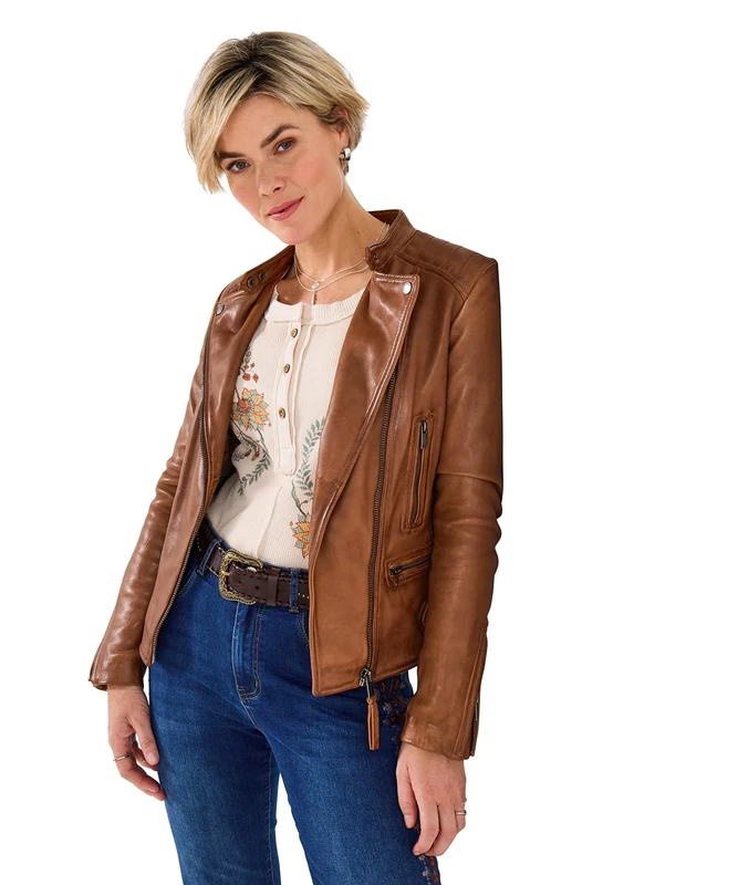 Joe Browns Womens Collarless Leather Biker Jacket, Brown, 10 UK