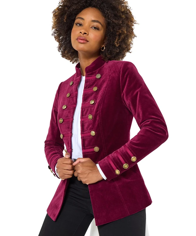 Joe Browns Female Button Detail Velvet Military Jacket, Regular, Purple, UK 6
