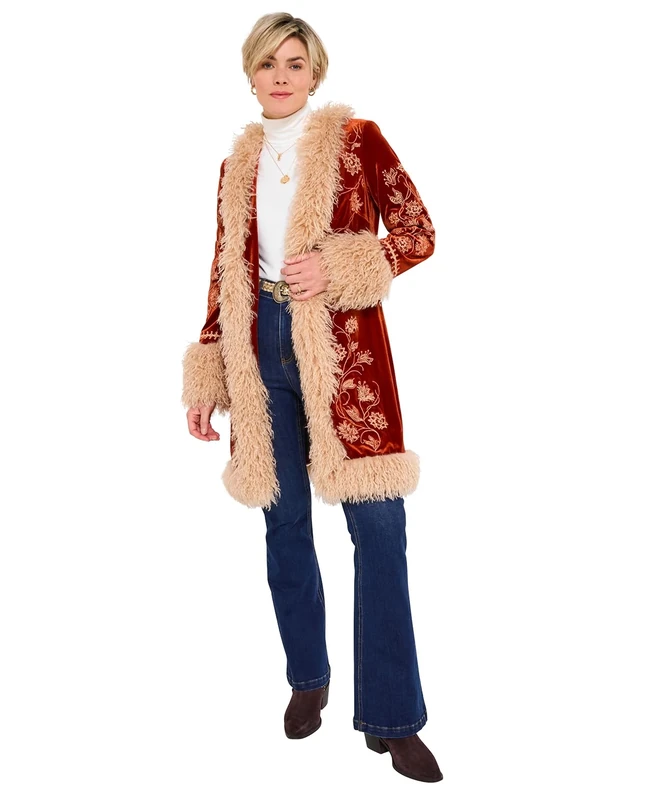 Joe Browns Female Boutique Boho Embroidered Shaggy Faux Fur Trim Coat, Regular, Orange, UK 14