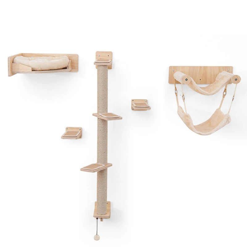 GYMAX 5PCS Wall Mounted Cat Tree, Cat Wall Shelves with Kitty Bed & Perch, Sisal Steps, Scratching Posts & Hammock, Wooden Cats Wall Furniture Set for Indoor Cats