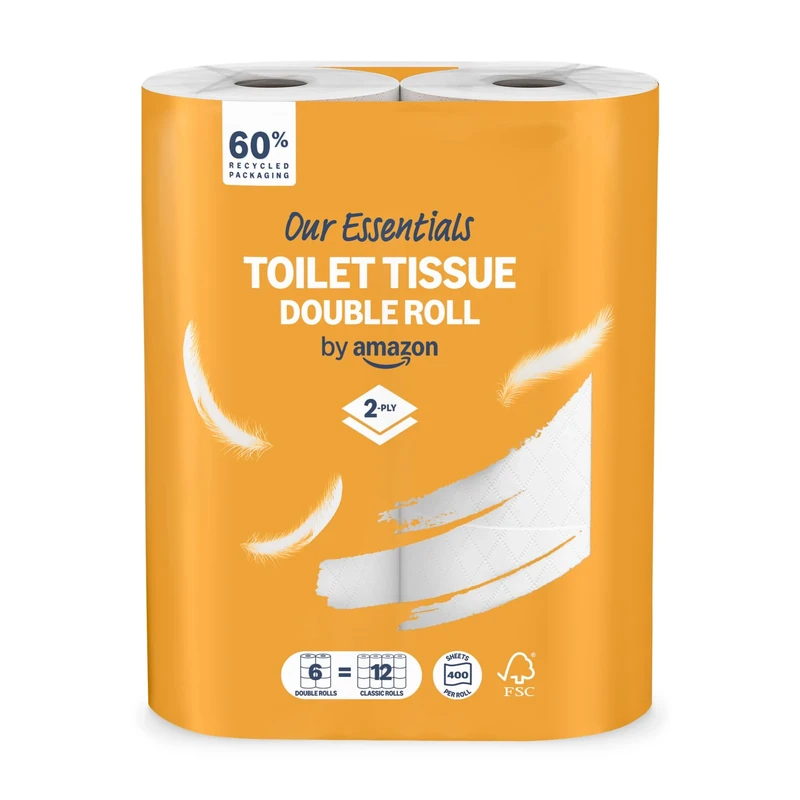 Our Essentials by Amazon Toilet Tissue Double Roll, 2-ply, 6 Rolls (1 Pack of 6), 400 Sheets per Roll