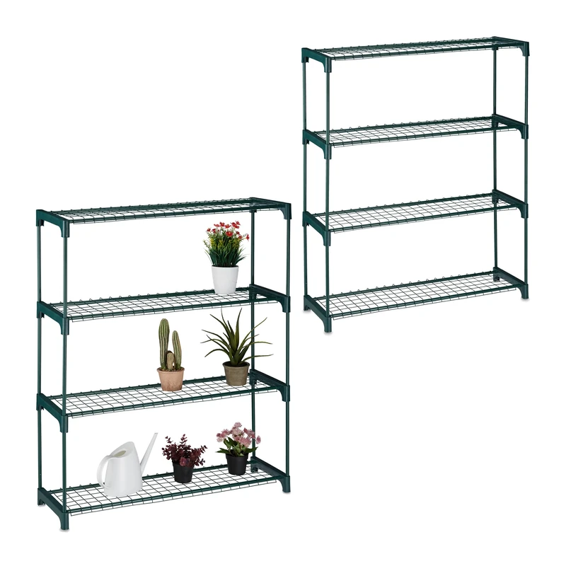 Relaxdays Plant Rack, Set of 2, 4, Flowers & Pots, Metal & Plastic, 106x91x28 cm, Shelving for Herbs, Green