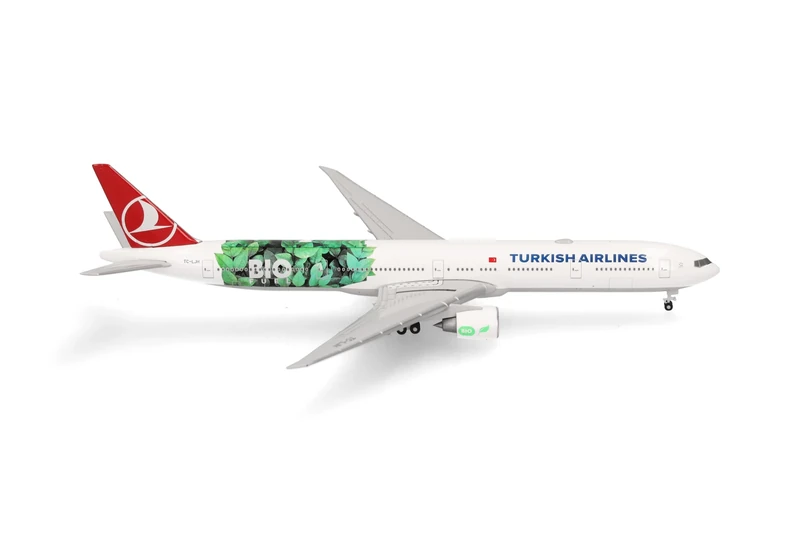 Herpa Model Aircraft Turkish Airlines Boeing 777-300ER "Bio Fuel" - TC-LJH, miniature at 1:500 scale, collector's item, aircraft model without stand, metal